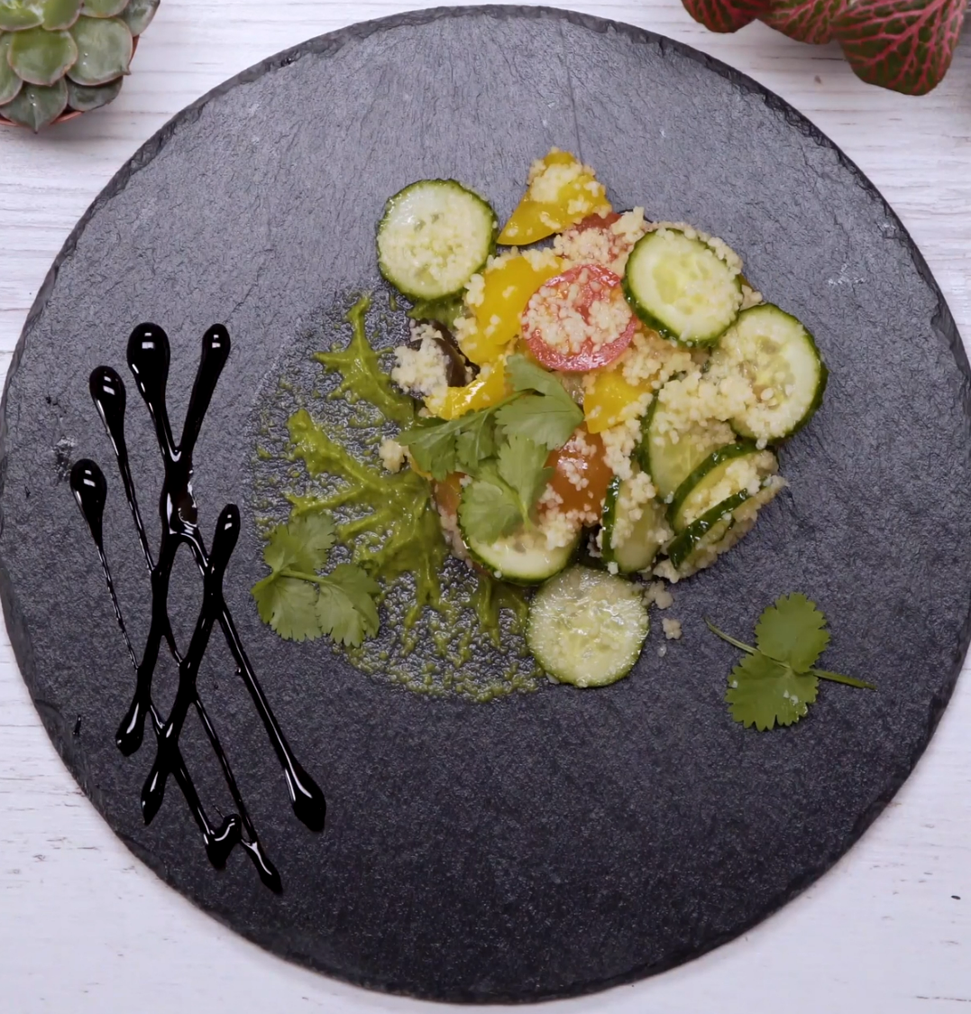 Salad with couscous and avocado dressing